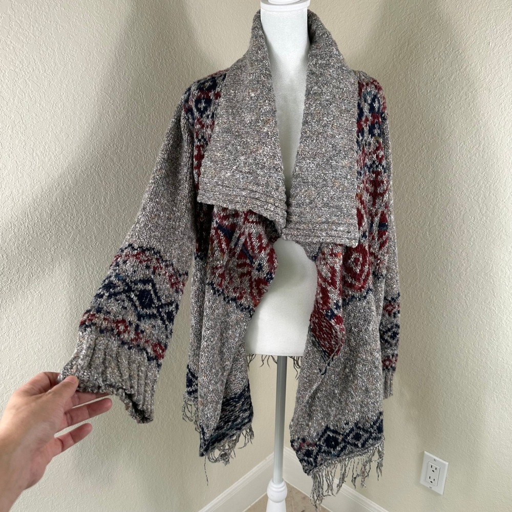 Anthropologie Kaisely Cardigan Sweater Women XL Gray Southwestern Boho Wool